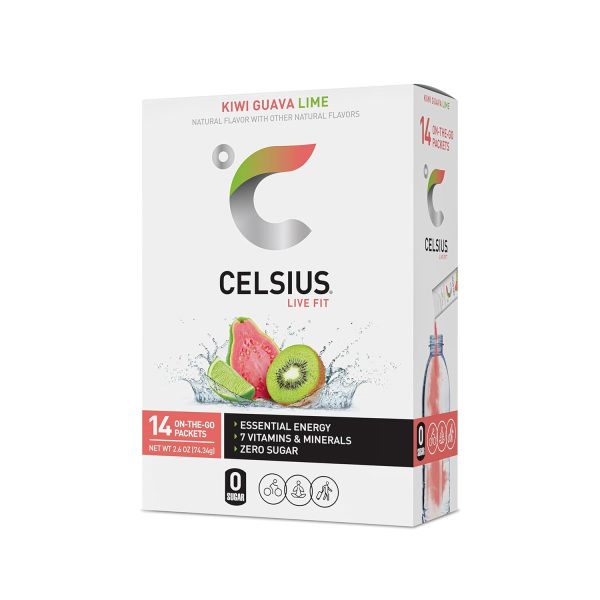 CELSIUS On-the-Go Powder Sticks Kiwi Guava Lime. Essential Energy 2.6 Oz (14 Sticks per Pack)