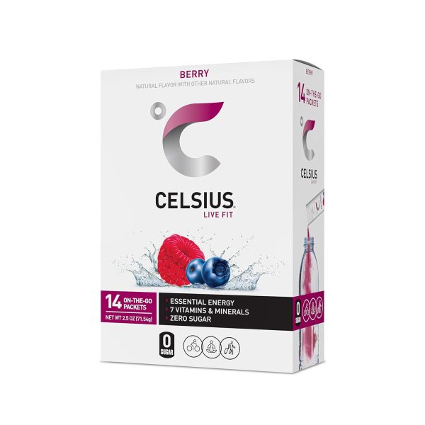 CELSIUS On-the-Go Powder Stick Packs. Zero Sugar (14 Sticks per Pack). Berry. 2.5 Ounce. (Pack of 14)