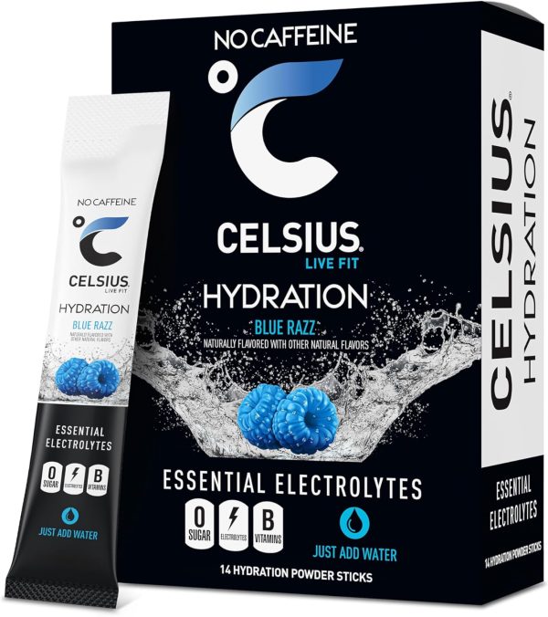 CELSIUS Hydration Blue Razz. Sugar Free Electrolyte Hydration Drink Mix (Pack of 14)