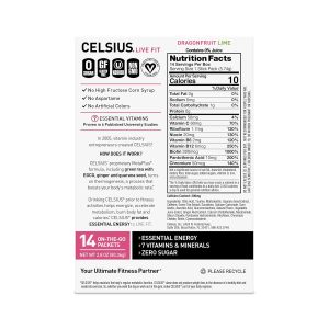CELSIUS On-the-Go Powder Sticks Dragonfruit Lime. Essential Energy 2.8 Oz (14 Sticks per Pack) - Image 3