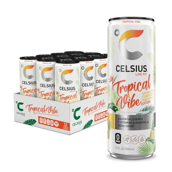 CELSIUS Sparkling Tropical Vibe. Functional Essential Energy Drink 12 Fl Oz (Pack of 12)